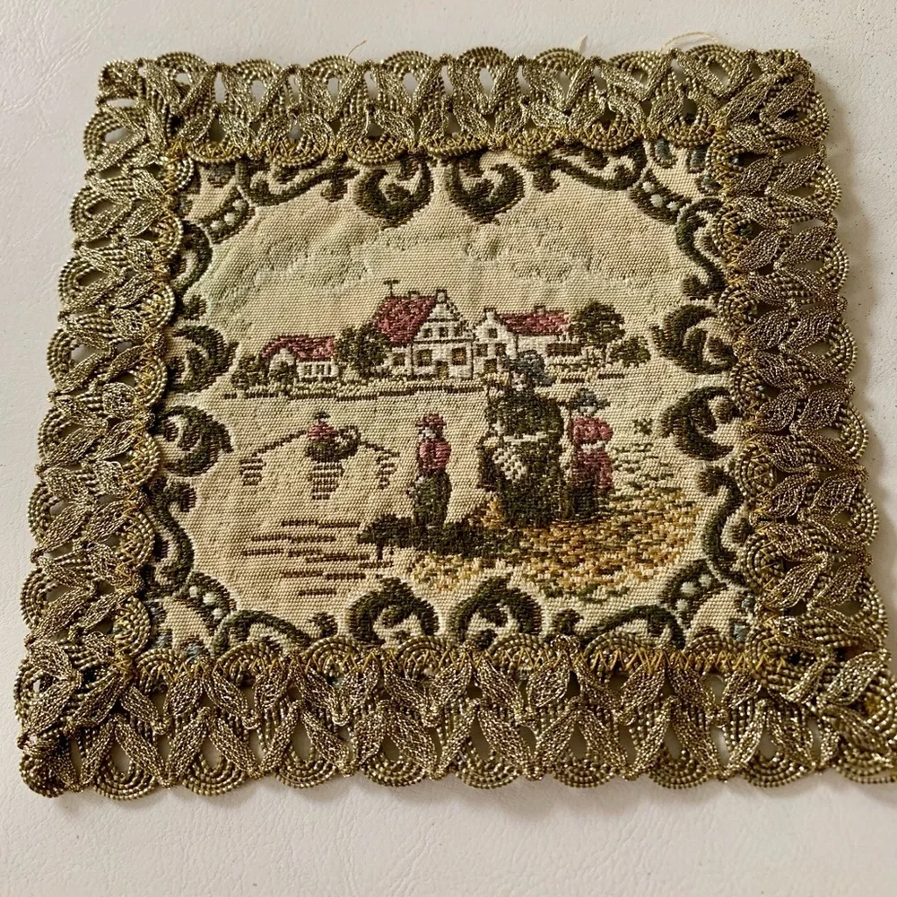 Antique square floral table doilies gold trim embroidered